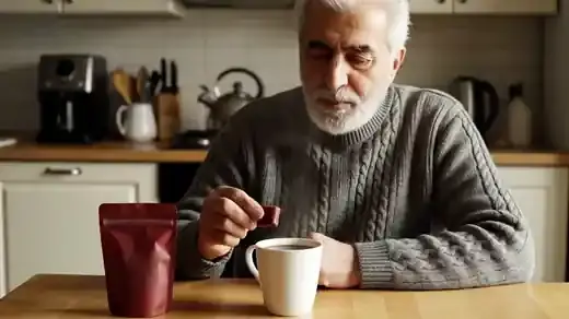 A man in his sixties at a kitchen table eating a small dark-red soft chew from a pouch beside a mug of coffee