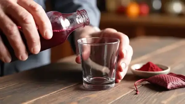 A man's hands pouring dark red beet juice into a glass beside a tiny dish of beet powder and a dark-red pouch