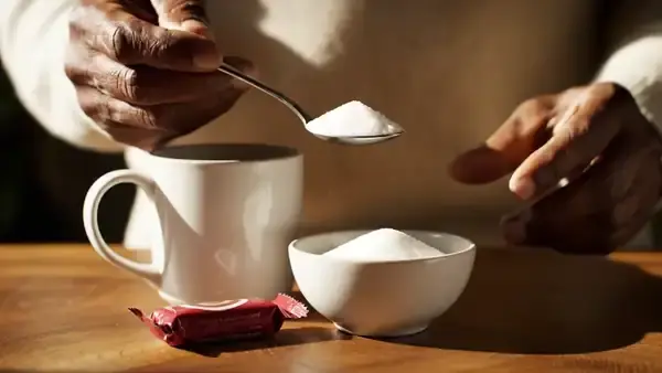 A man's hands setting a teaspoon of sugar beside a single wrapped chew and a mug, then tipping some back into a bowl